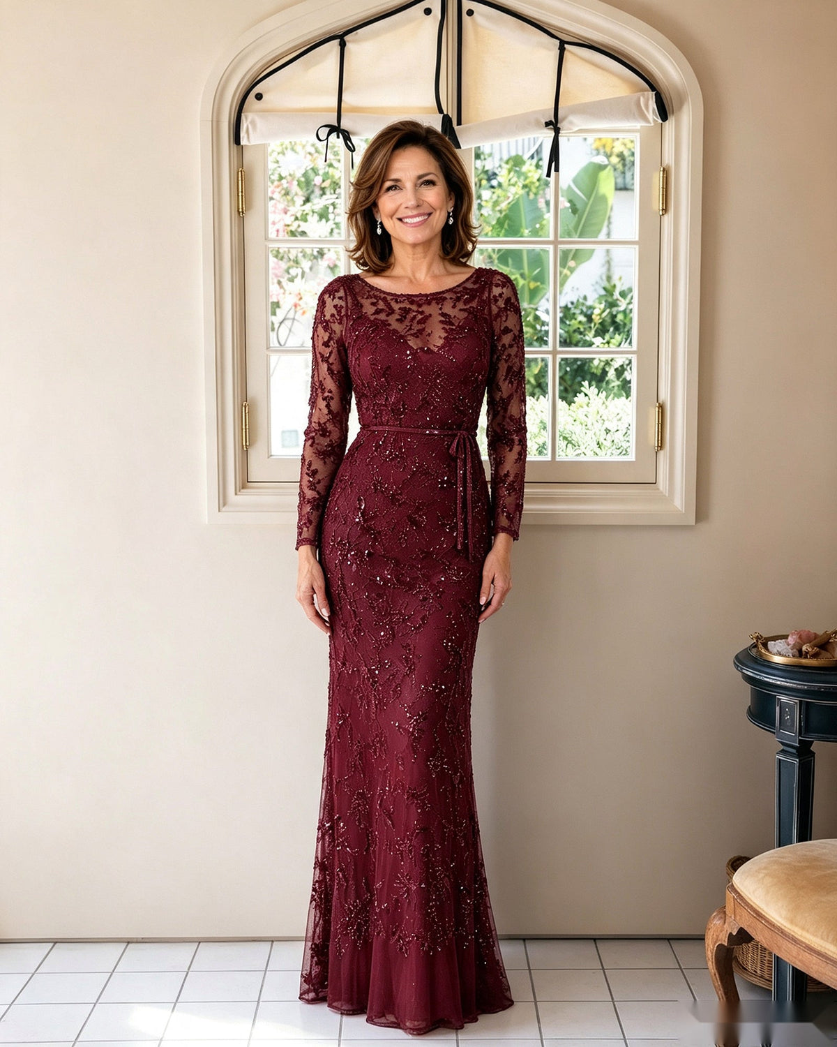 Illusion lace long-sleeve sheath dress, burgundy, lace illusion neckline and fitted skirt
