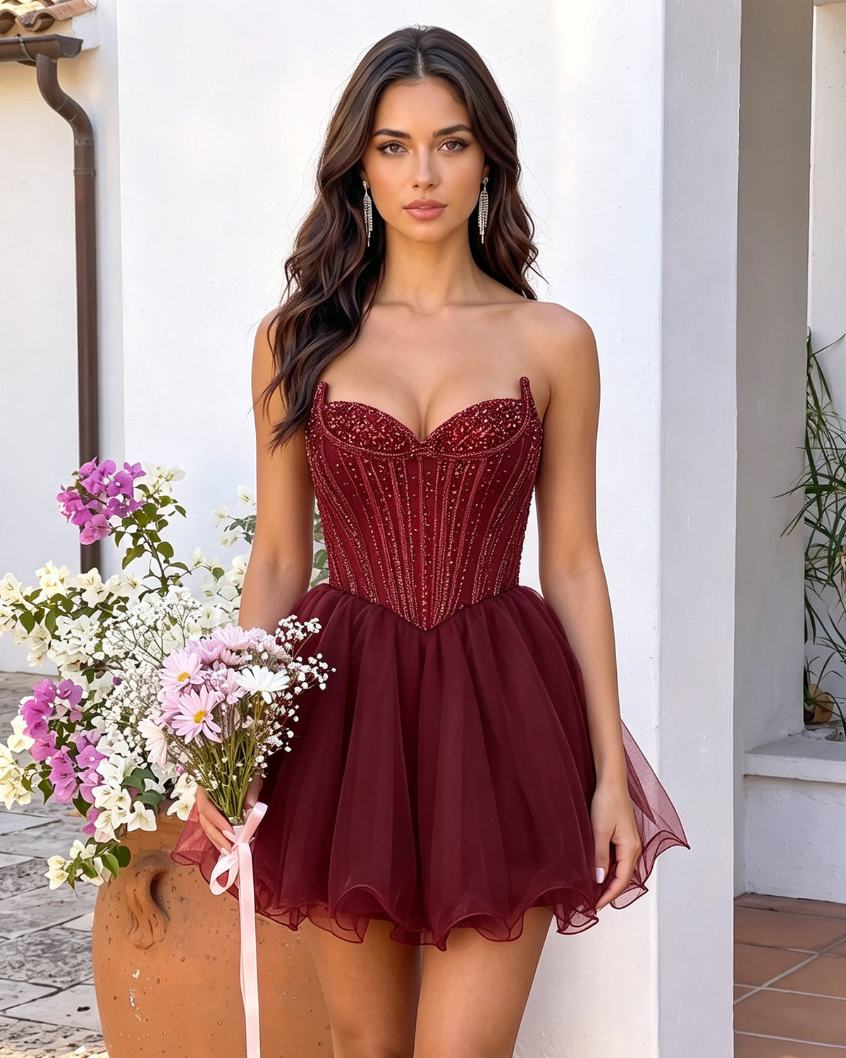 Burgundy strapless sweetheart beaded corset mini dress with tulle A-line skirt