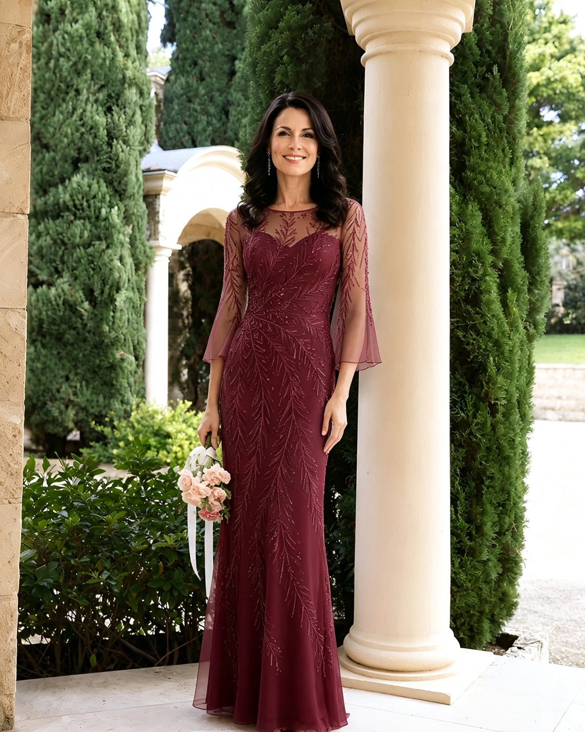 Beaded illusion-neck mother-of-the-bride dress, deep burgundy with bell sleeves.