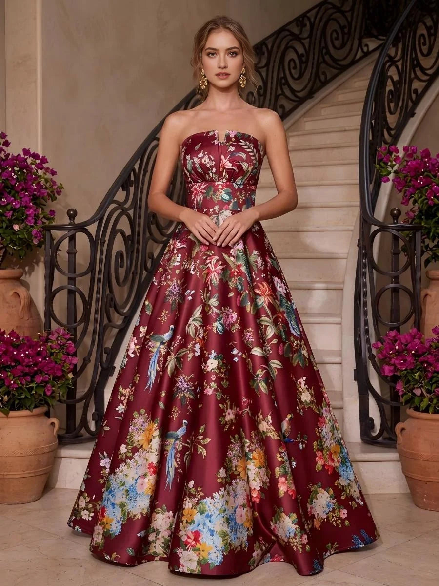 Floral strapless A-line floor-length satin prom dress in dark red with floral print