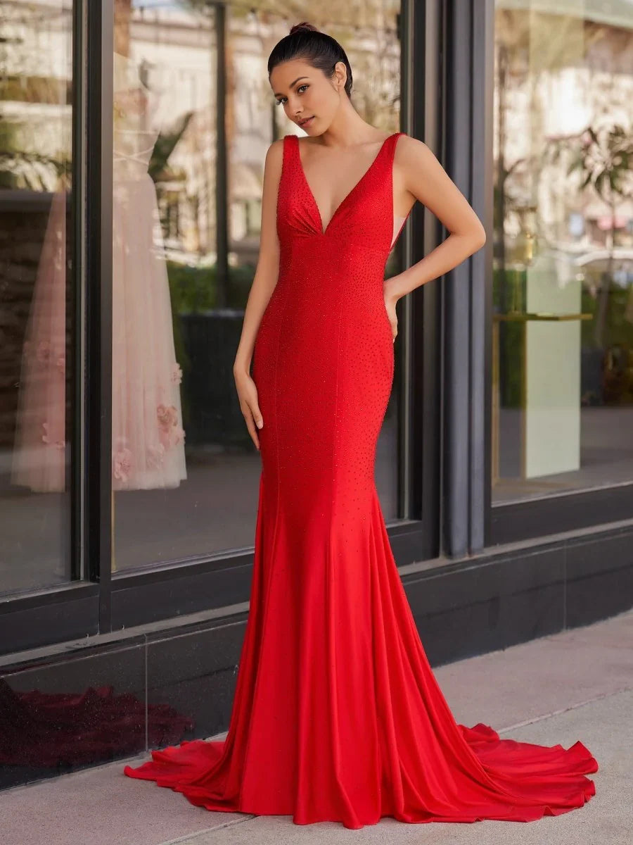 Red beaded V-neck mermaid maxi prom dress, sleeveless with floor-length flare