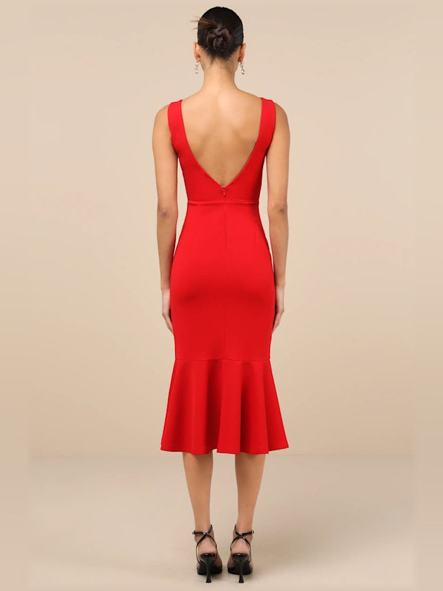 Red V-back sleeveless trumpet midi dress with flared skirt