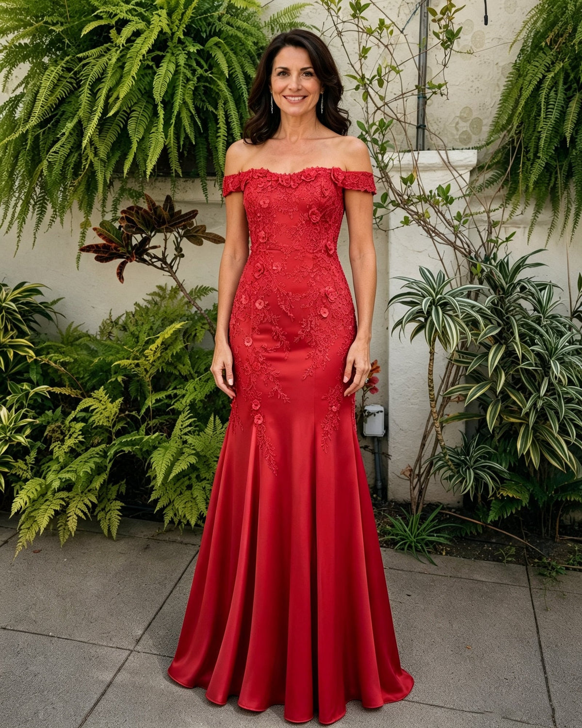Red off-shoulder lace mermaid dress with scalloped neckline and flared trumpet hem