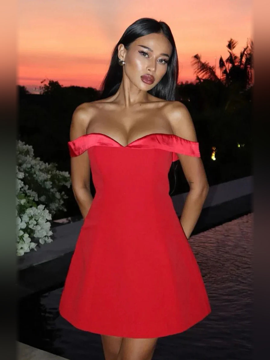 Red strapless sweetheart A-line mini dress with smooth crepe bodice
