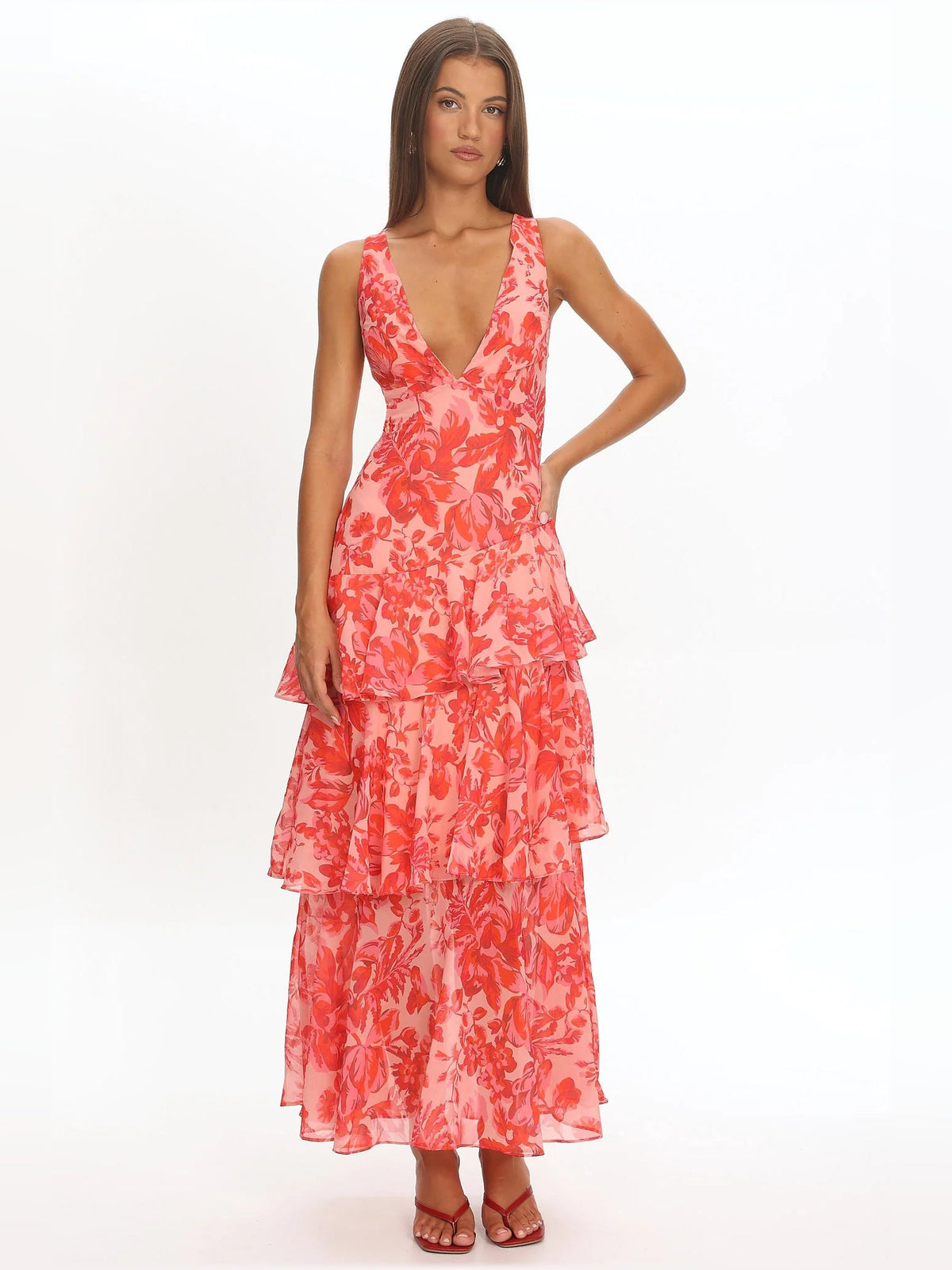 Red floral V-neck midi dress with strappy back and layered ruffle skirt detail