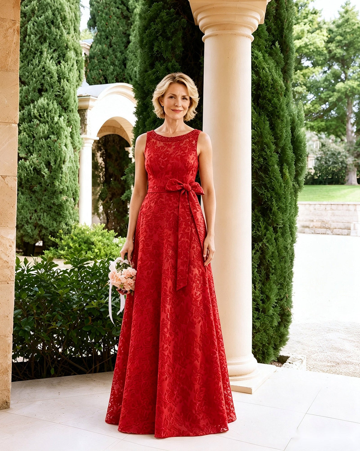 Red sleeveless lace A-line mother-of-the-bride dress with front sash bow and maxi skirt