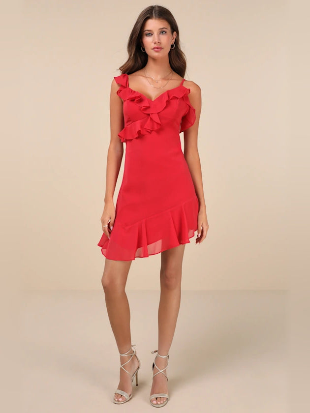 Red ruffled mini homecoming dress with layered neckline and tiered skirt hem