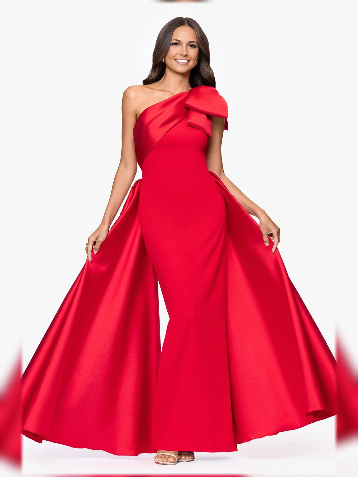 Red one-shoulder sheath dress with bow shoulder detail and front slit, floor-length