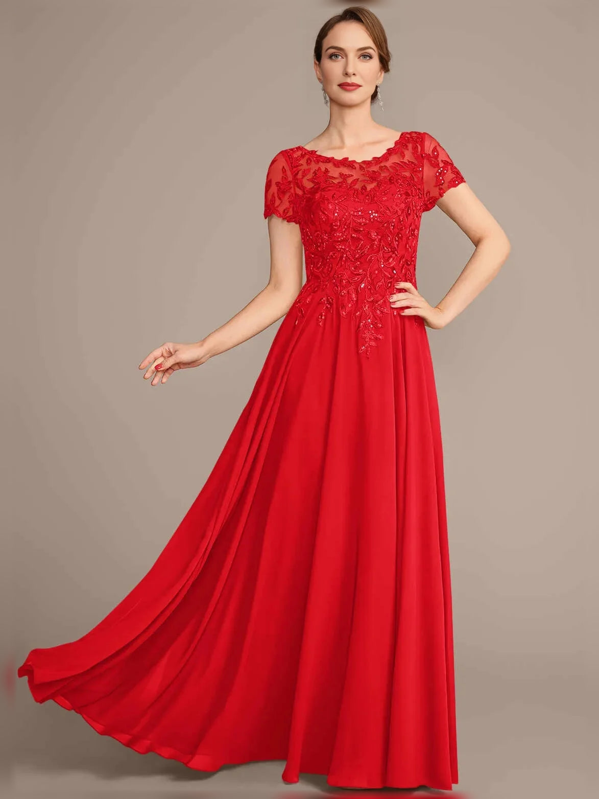 Red chiffon A-line mother of the bride dress with lace illusion neckline and short sleeves