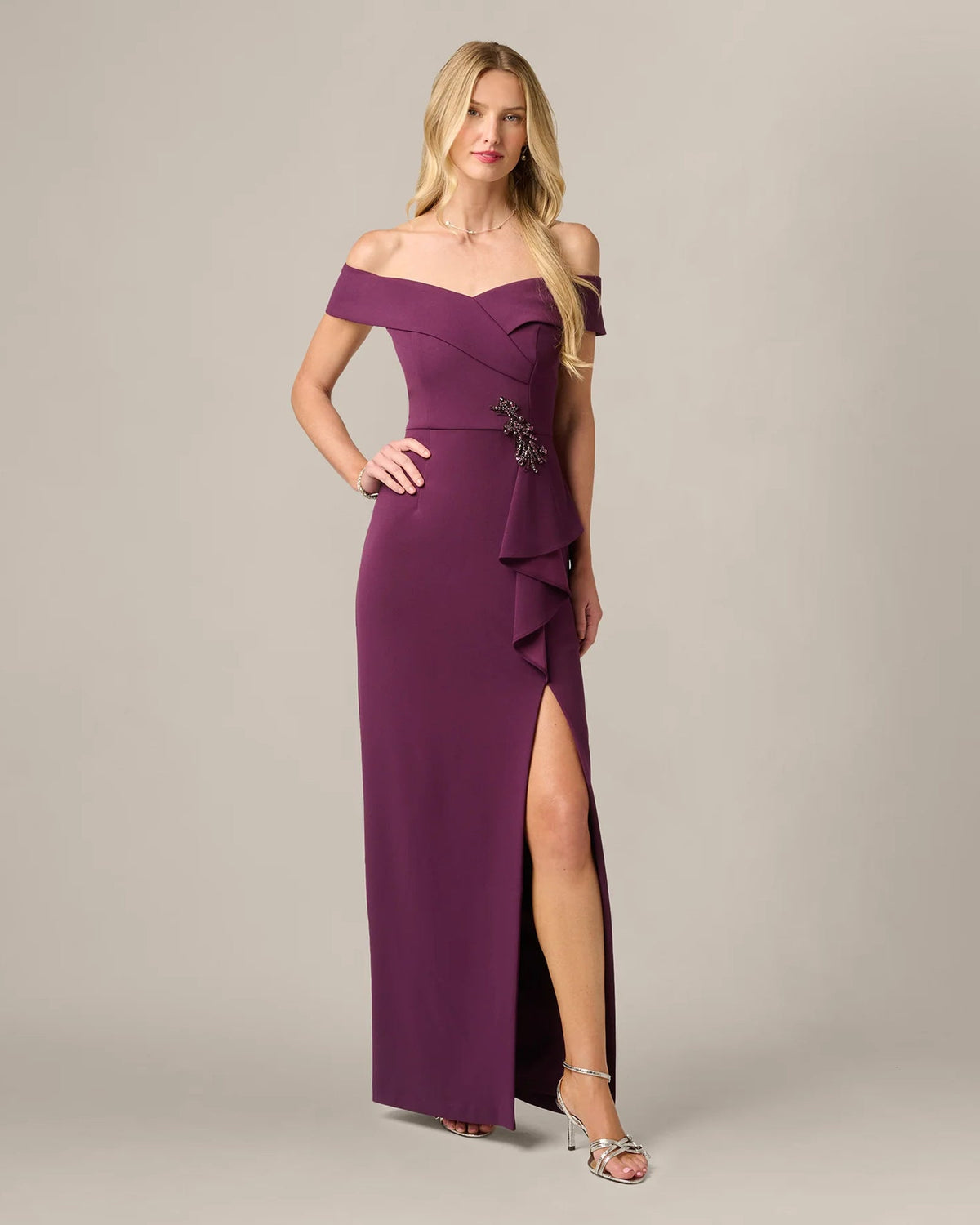 Plum wine off-shoulder A-line maxi dress with draped overlay and ruffle detail