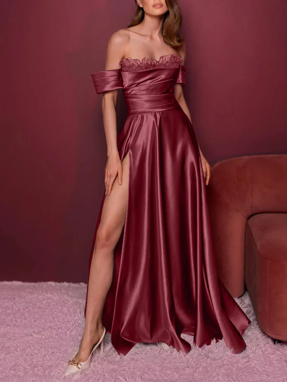 Deep wine off-shoulder A-line formal dress with thigh-high slit.