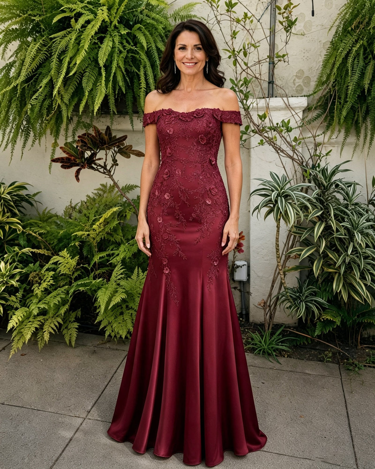 Wine red off-shoulder lace mermaid gown with fitted bodice and flowing trumpet skirt