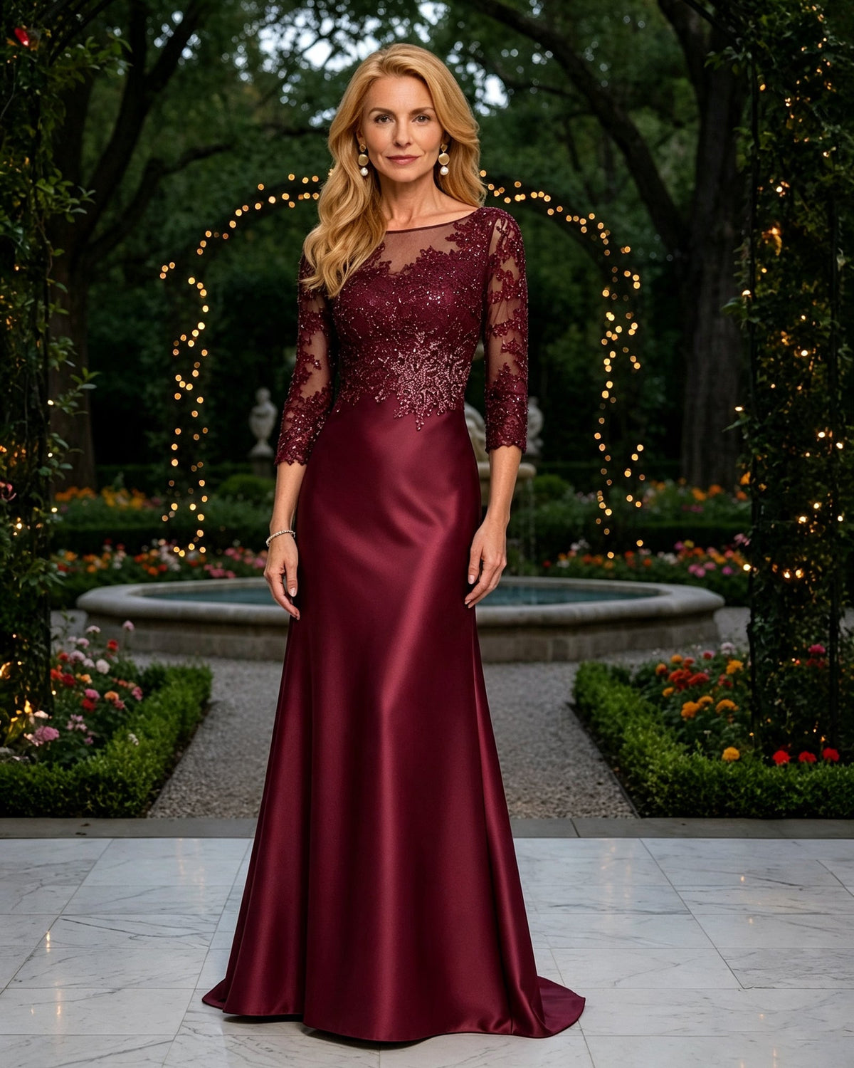 Wine red mother of the bride dress with lace illusion sleeves and beaded satin bodice