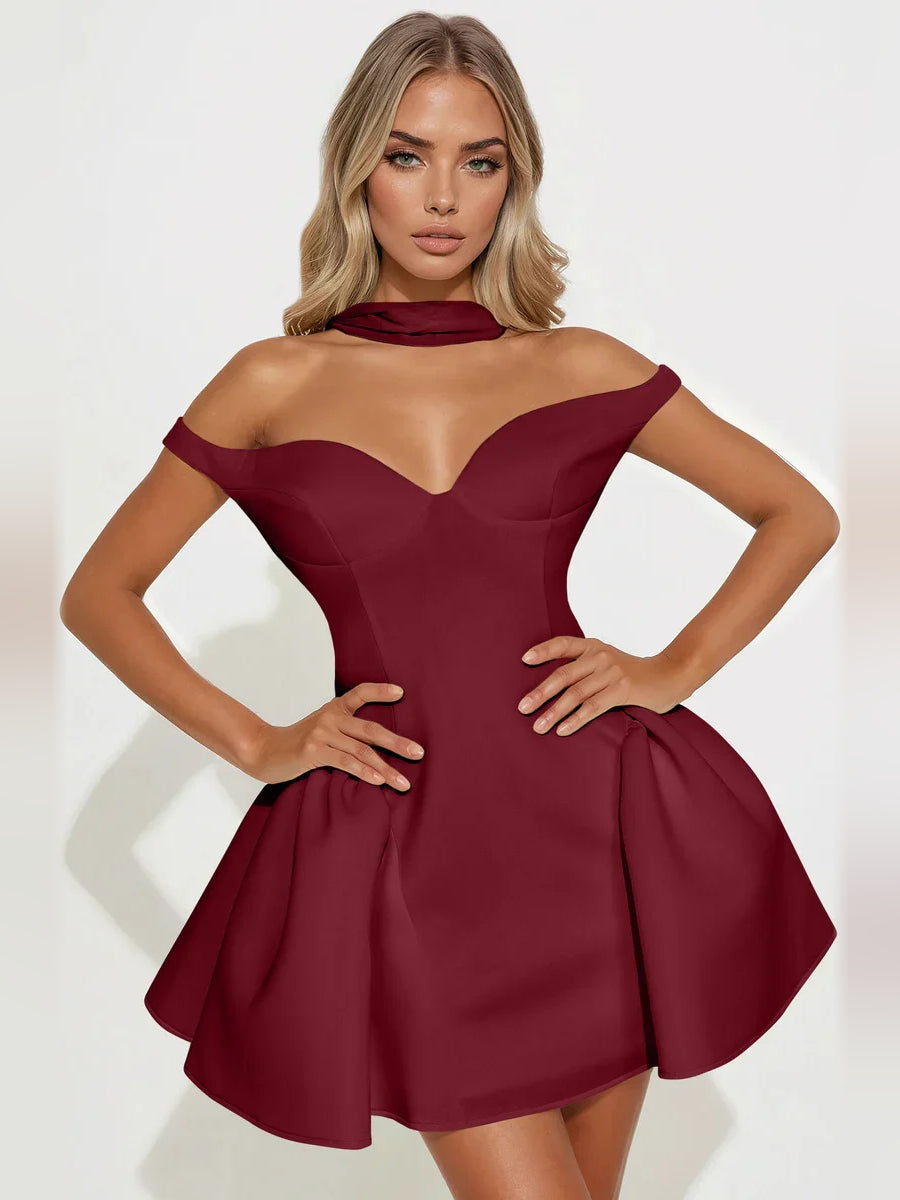 Wine sweetheart A-line mini dress, sleeveless with flared skirt and choker neckline