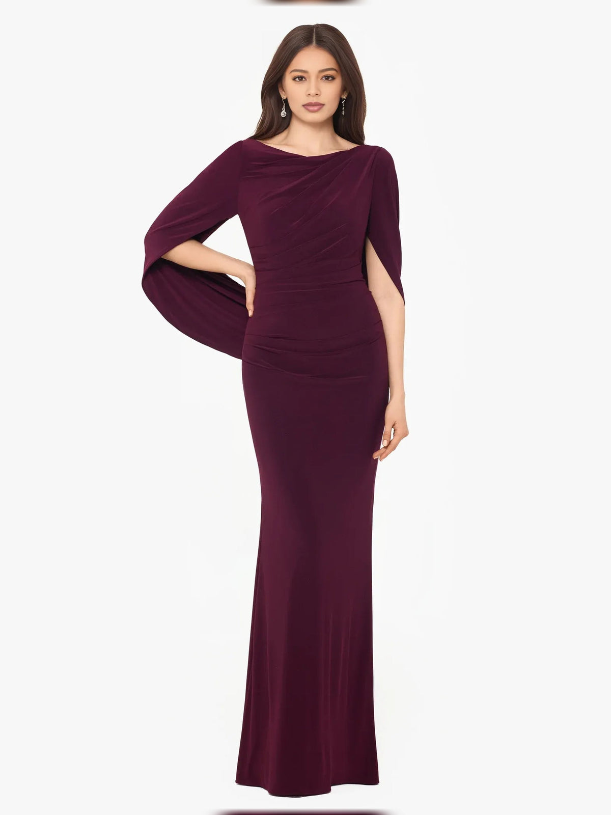 Wine draped off-shoulder mermaid evening dress, long sleeves, floor-length