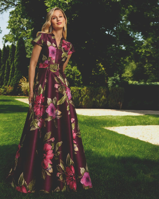 Burgundy floral maxi dress with V-neck, short sleeves, and waist belt detail
