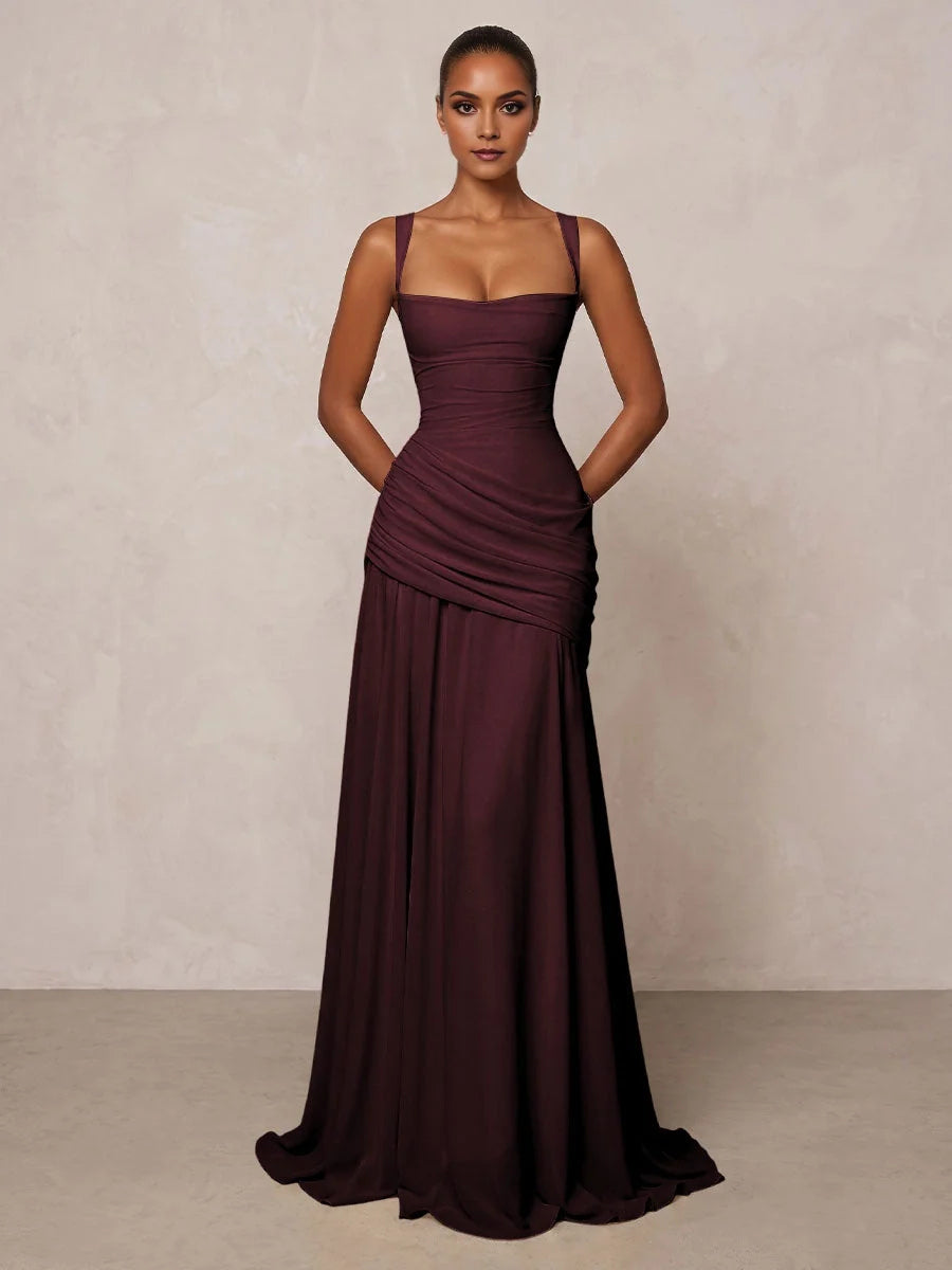 Wine ruched chiffon prom dress with square neck and draped A-line skirt