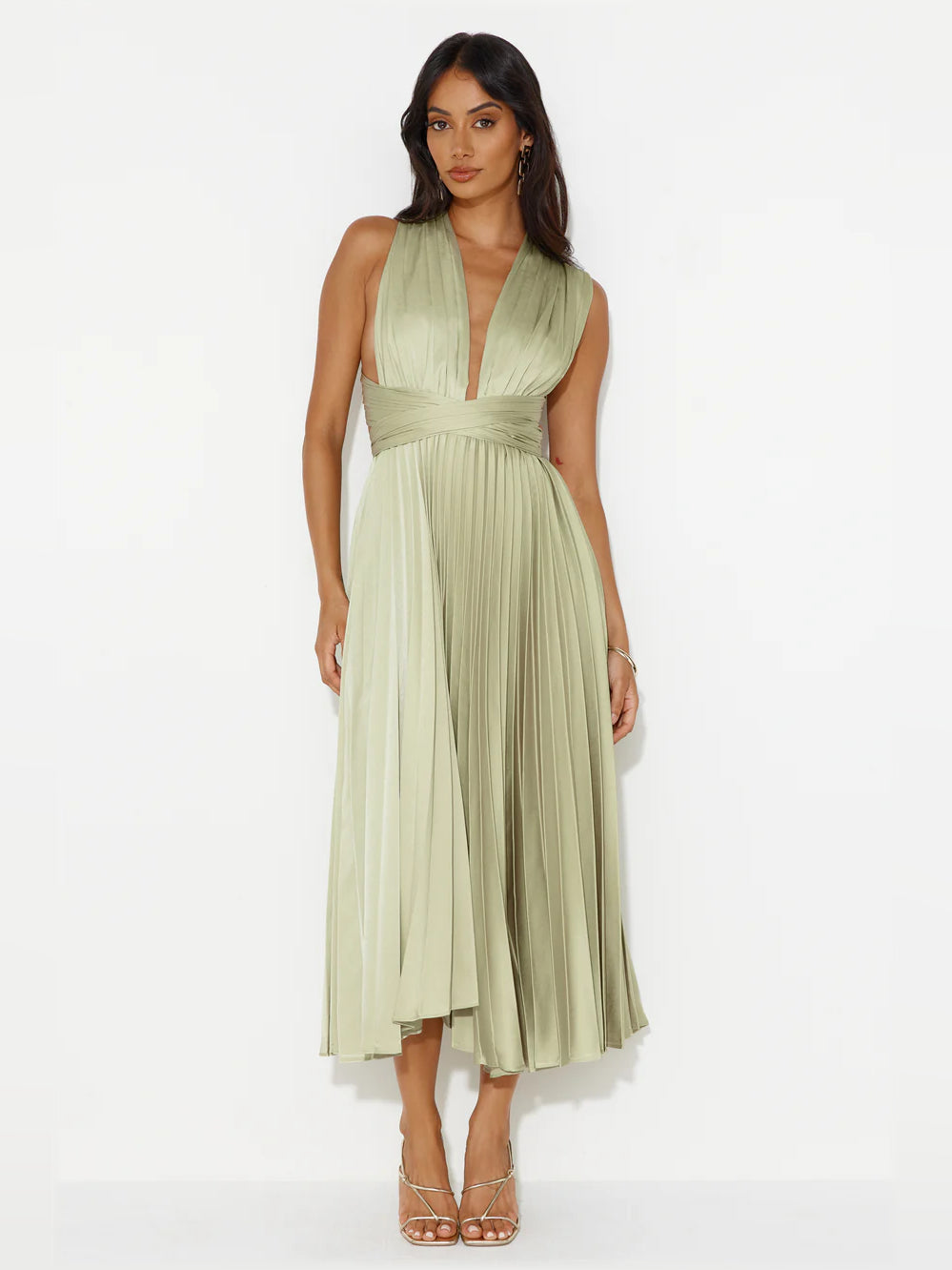 Front view of champagne midi formal dress with V-neck and pleated skirt, sleeveless