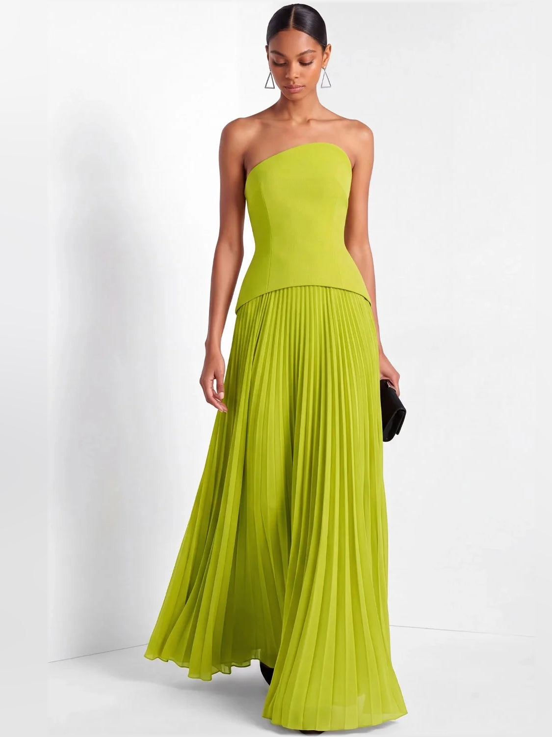 Lime green strapless column maxi gown with pleated skirt and ruched waist
