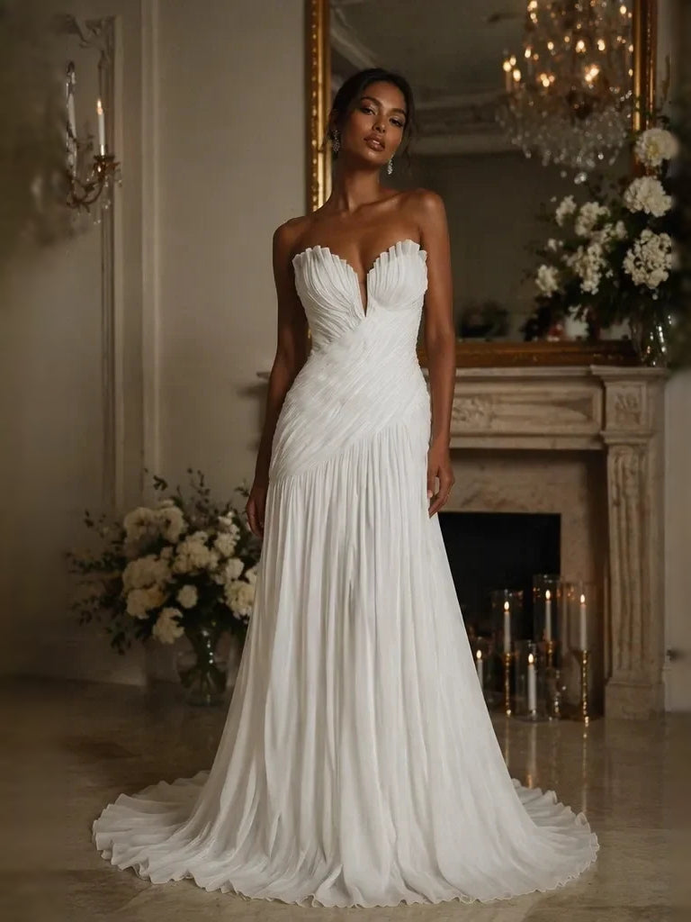 Ivory strapless ruched mermaid wedding dress, sweetheart neckline and pleated skirt