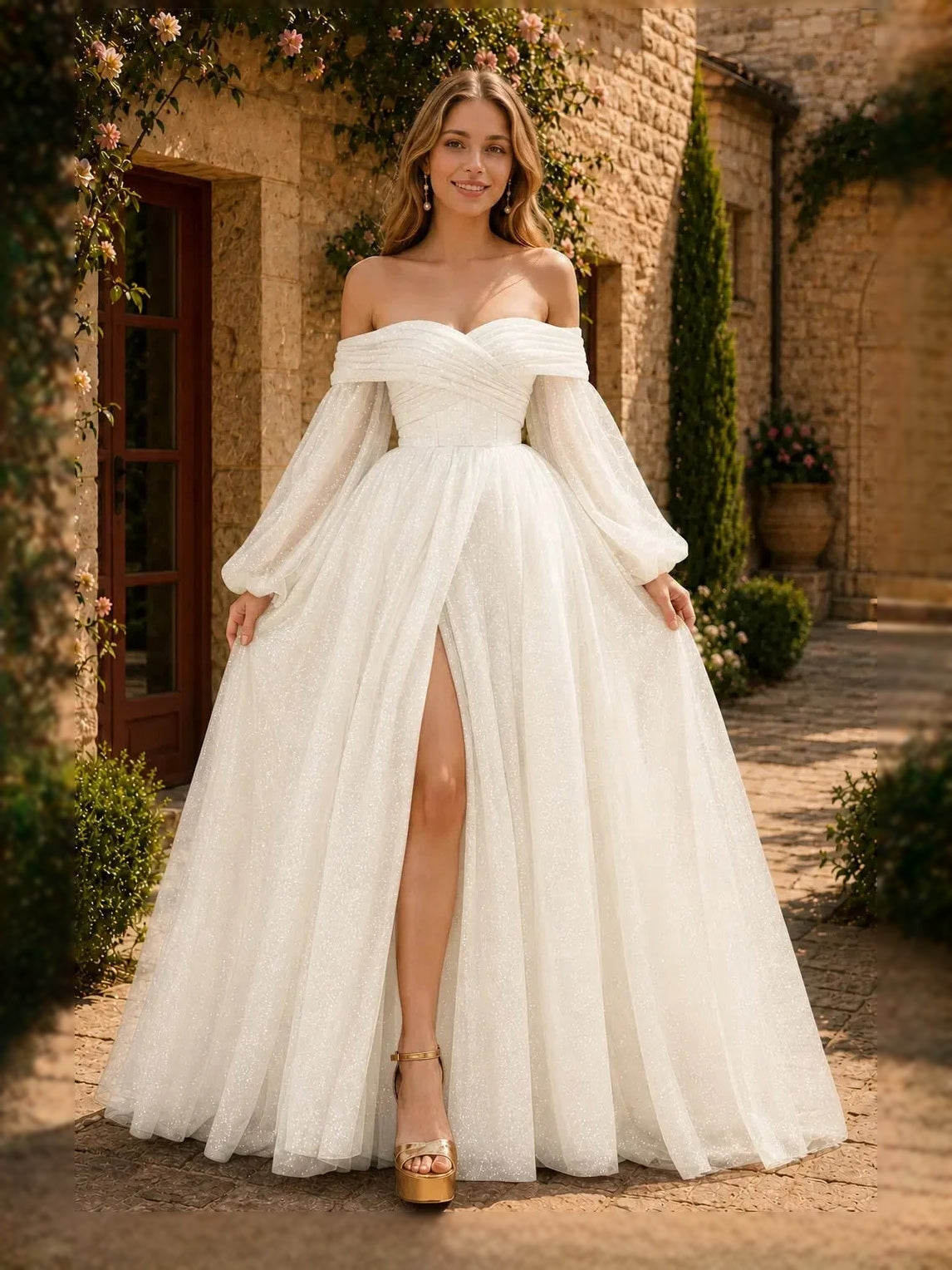 Ivory off-shoulder sweetheart corset A-line tulle prom dress with side slit, floor length.