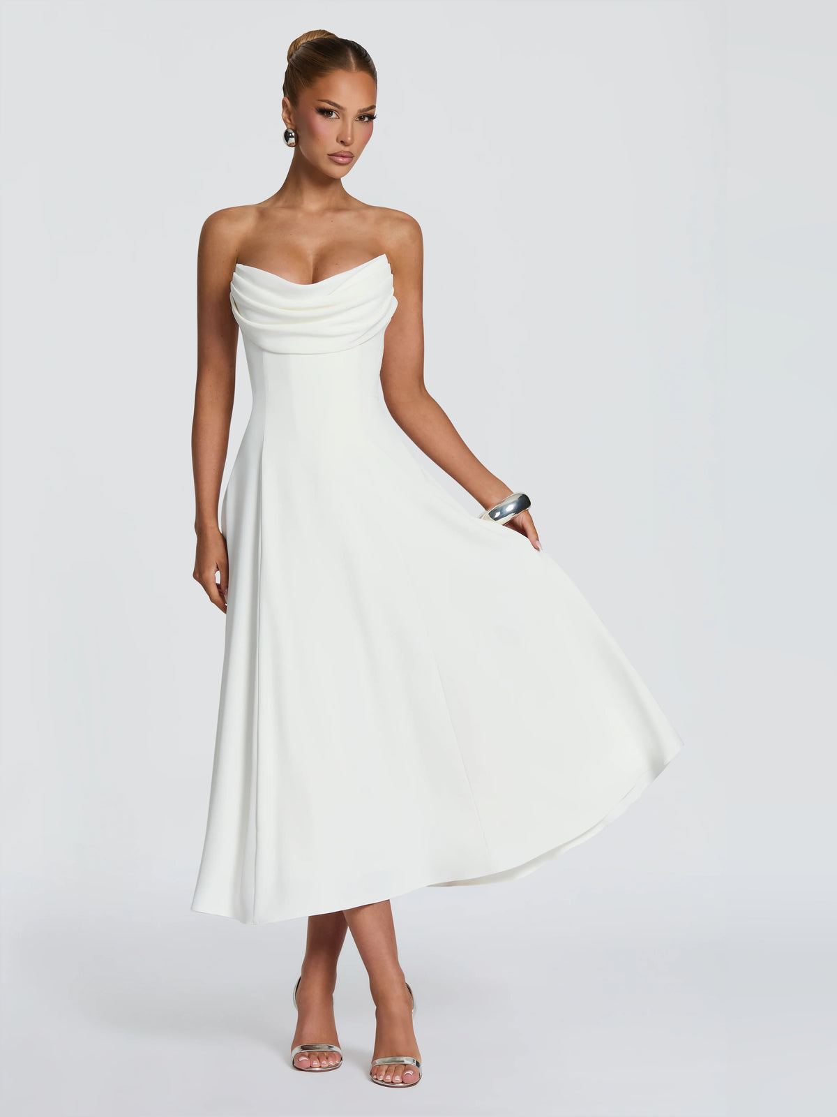 Ivory strapless draped midi formal dress with gathered waist and swing skirt