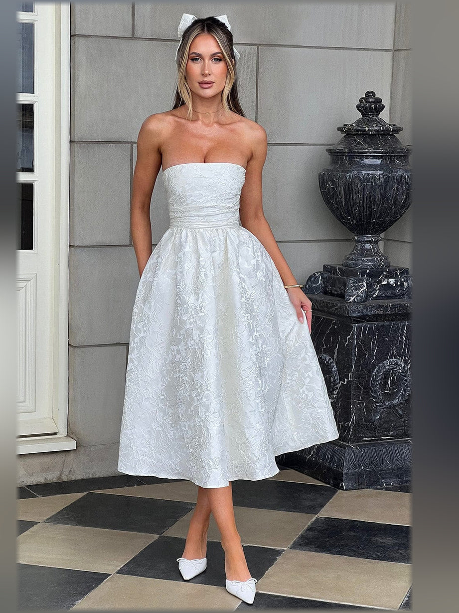 Ivory strapless corset midi dress with gathered bodice and full flared skirt