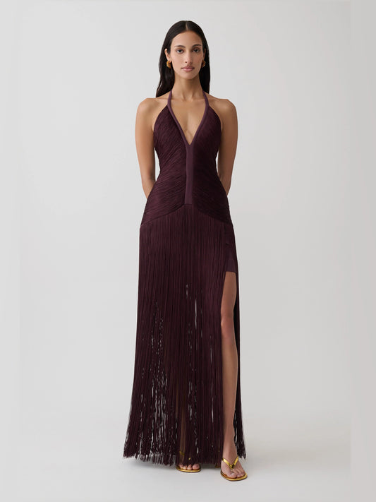 Plum halter V-neck maxi dress with fitted bodice, fringe hem and side slit