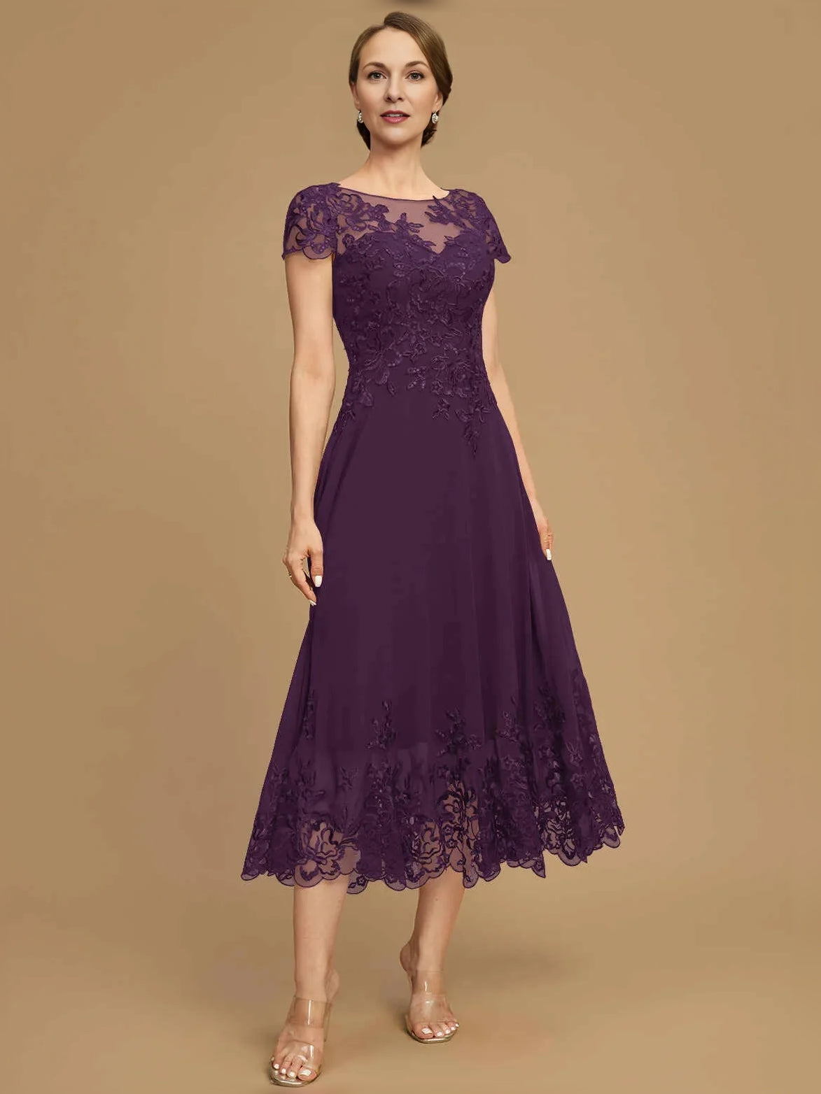 Plum boat-neck A-line tea-length chiffon dress with cap sleeves and lace scalloped hem