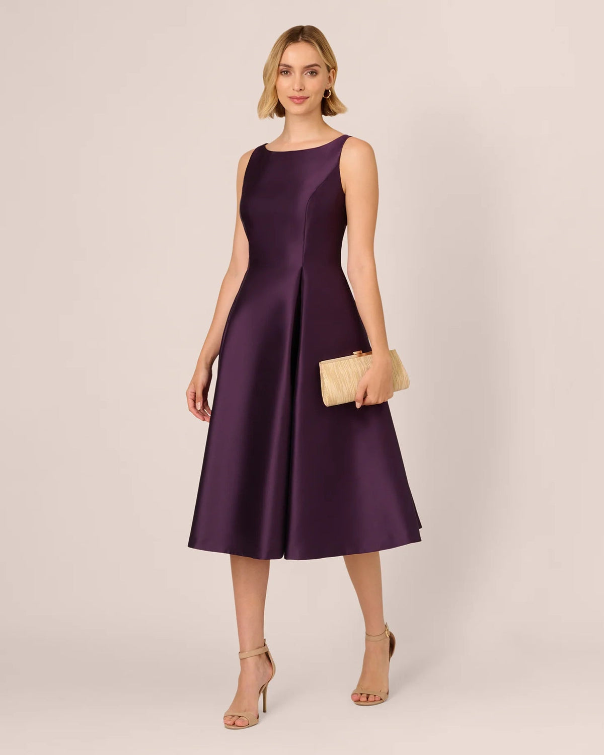 Plum purple sleeveless fit-and-flare midi dress with scoop neckline