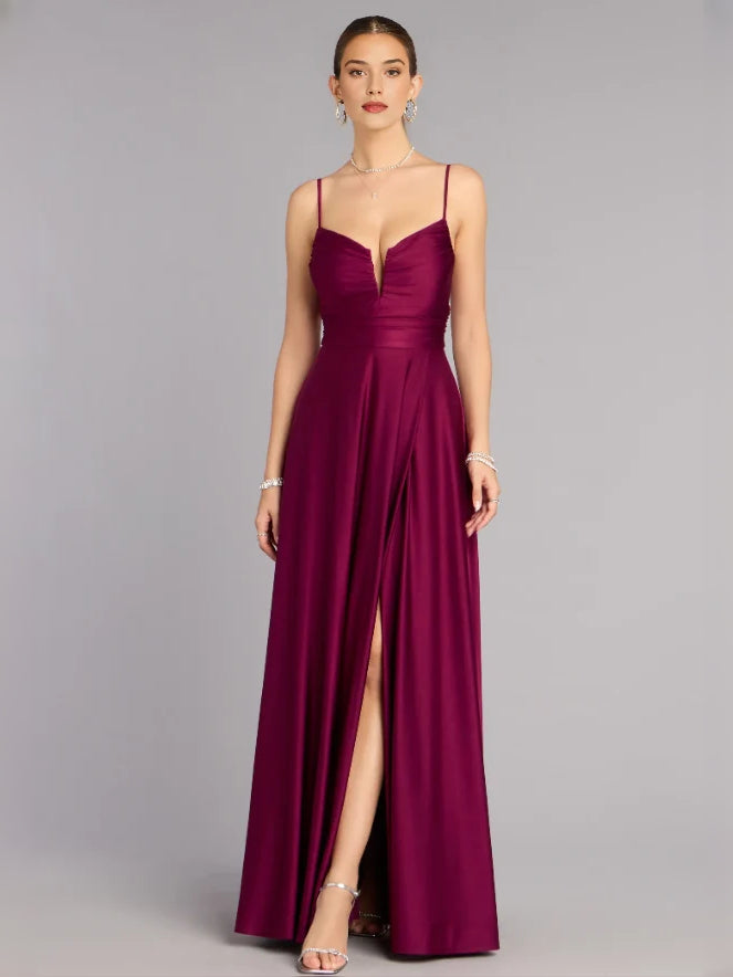 Plum V-neck A-line floor-length prom dress with spaghetti straps and slit
