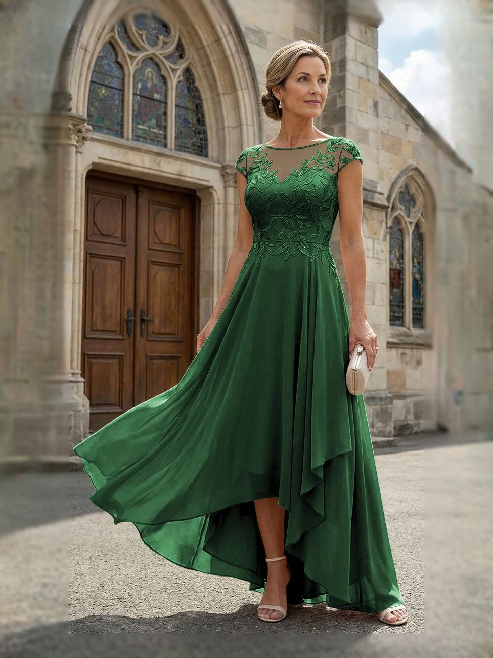 Forest green chiffon mother-of-bride dress with embroidered bodice, V-neck, high-low hem