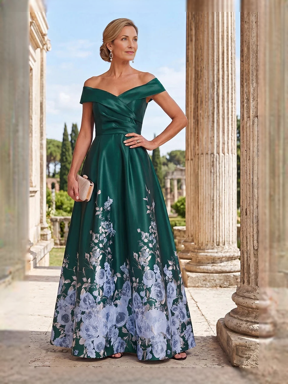 Green satin off-shoulder A-line dress with floral hem, floor-length