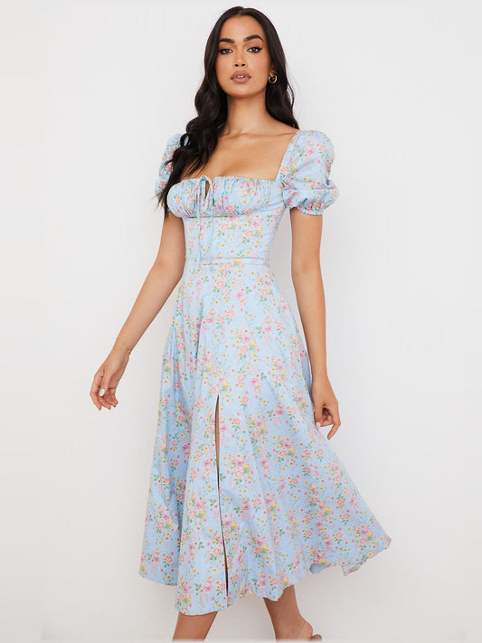 Light blue floral midi dress with puff sleeves, square neckline, and A-line skirt