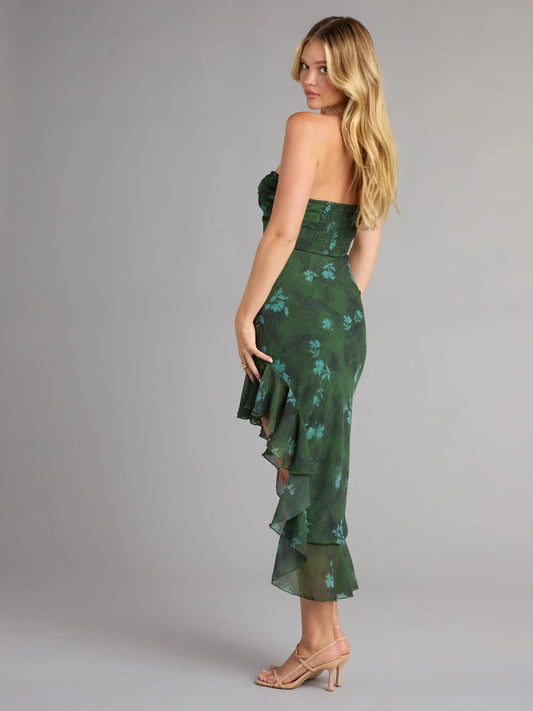 Side view dark green floral strapless midi dress with layered ruffles and slit