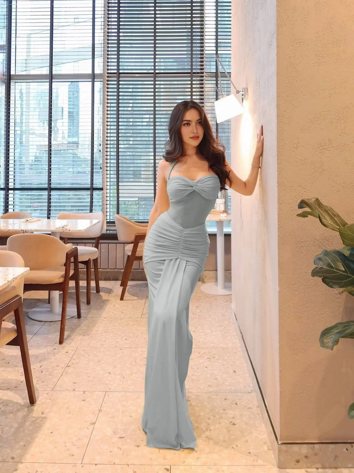 Silver gray ruched sweetheart neckline draped sheath prom dress, floor-length