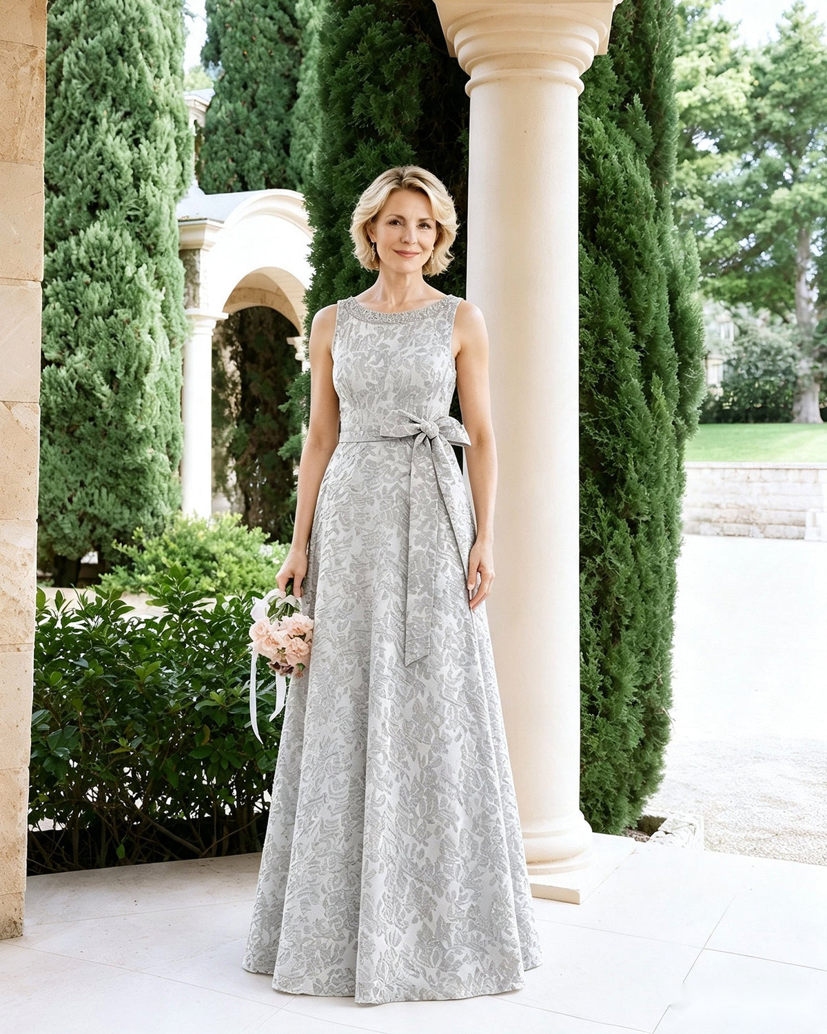 Silver-gray sleeveless lace A-line mother-of-the-bride dress with front sash bow