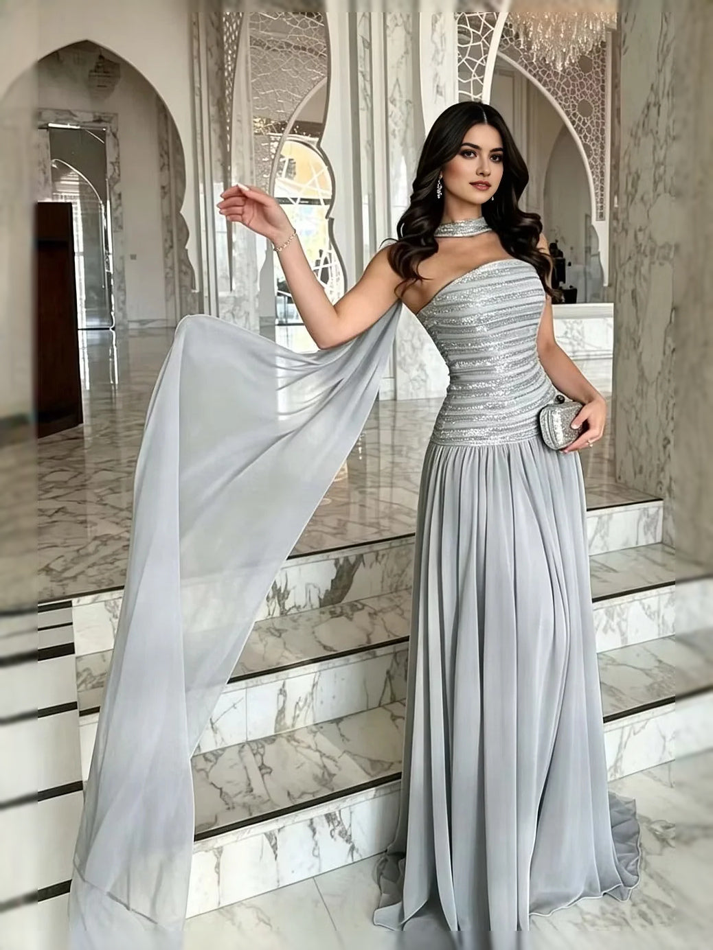 One-shoulder A-line prom dress in light silver with pleated bodice and side chiffon drape