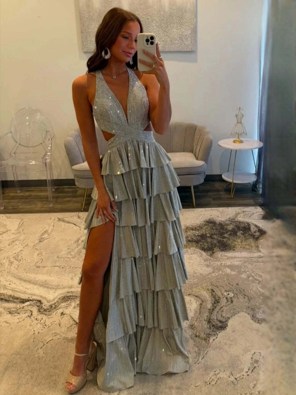 Light blue V-neck tiered prom dress with beaded shimmer and thigh-high slit