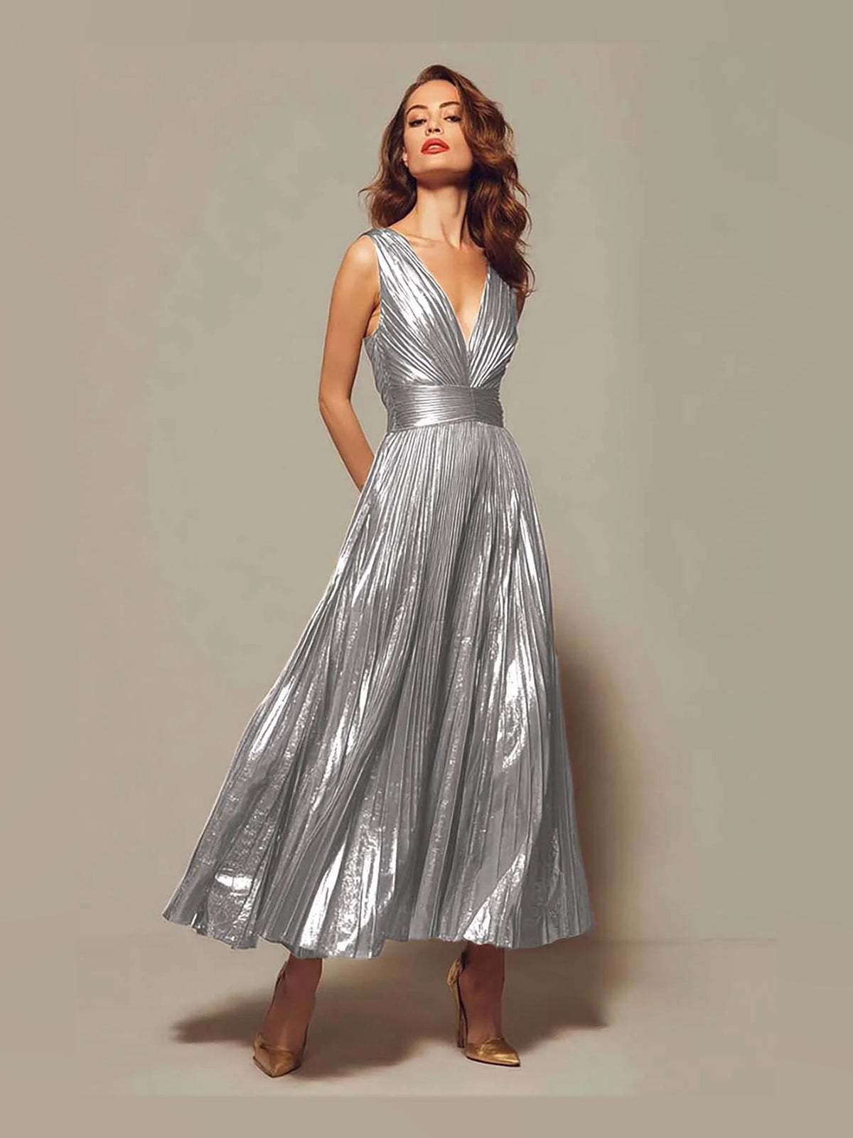 Silver metallic pleated V-neck A-line prom dress with draped sleeveless bodice