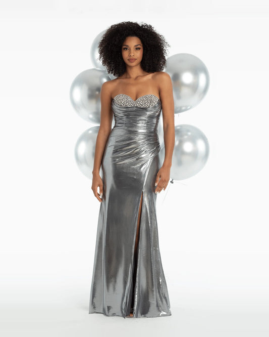 Silver strapless column maxi prom dress featuring a rhinestone-embellished sweetheart neckline
