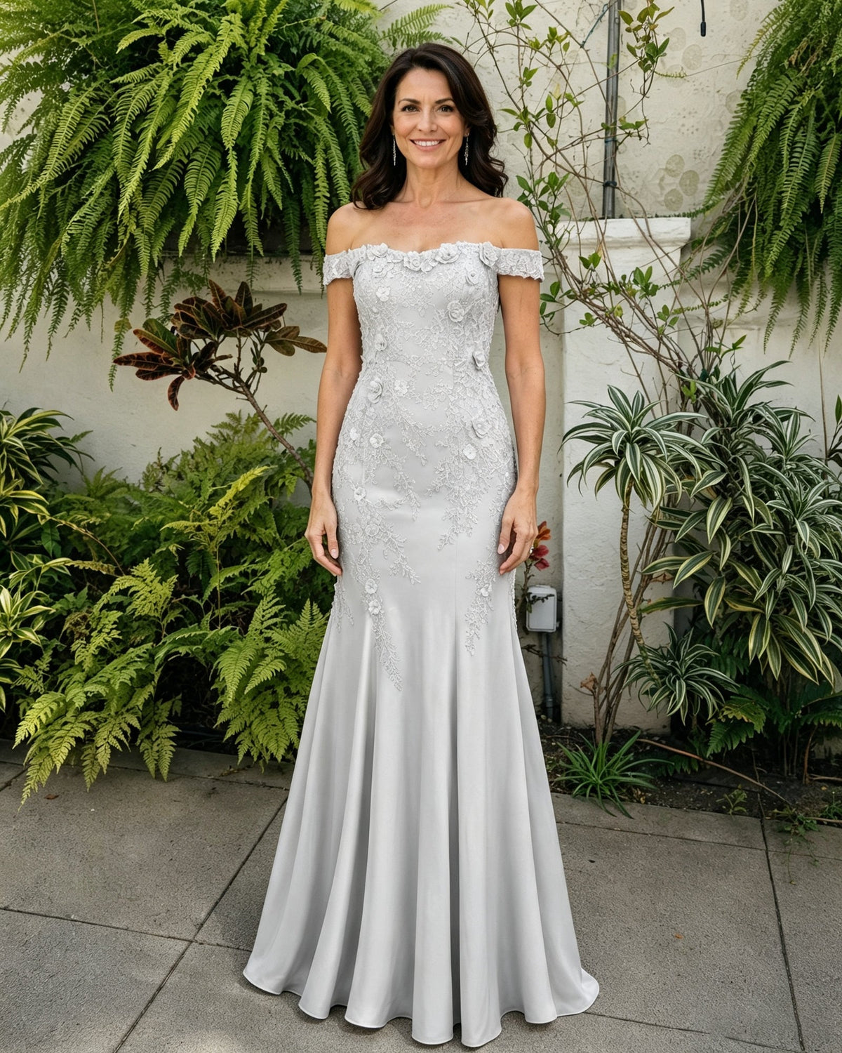 White off-shoulder lace mermaid gown with scalloped neckline and fitted trumpet hem