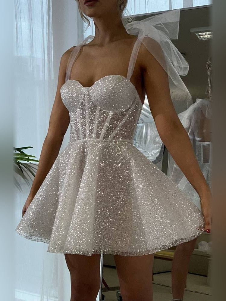 Silver glitter sweetheart A-line mini tulle dress with sheer tulle bow straps