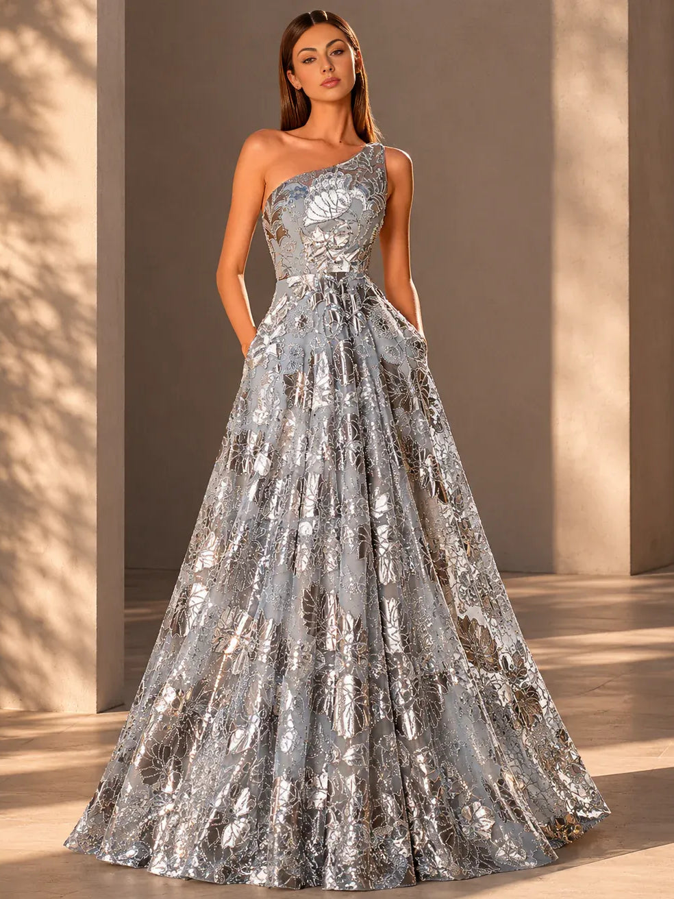 Silver one-shoulder A-line floor-length formal dress with ornate floral sequin print