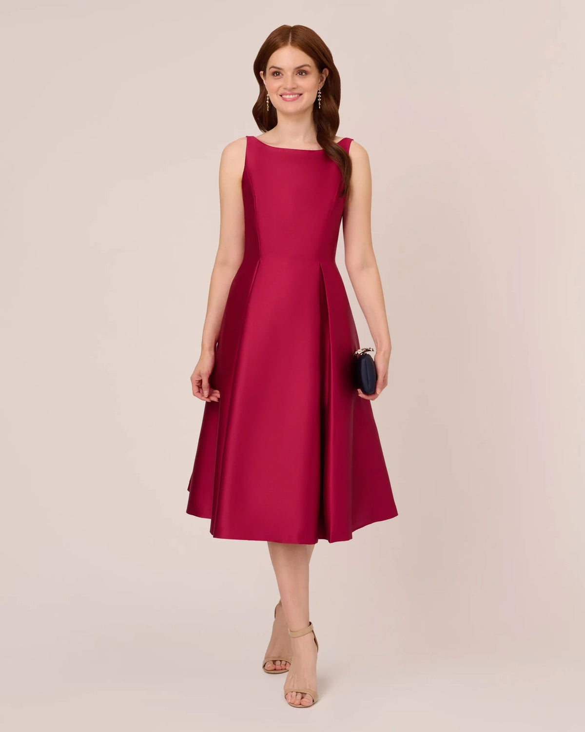 Sleeveless fit-and-flare midi dress in red, square neckline with flared A-line skirt
