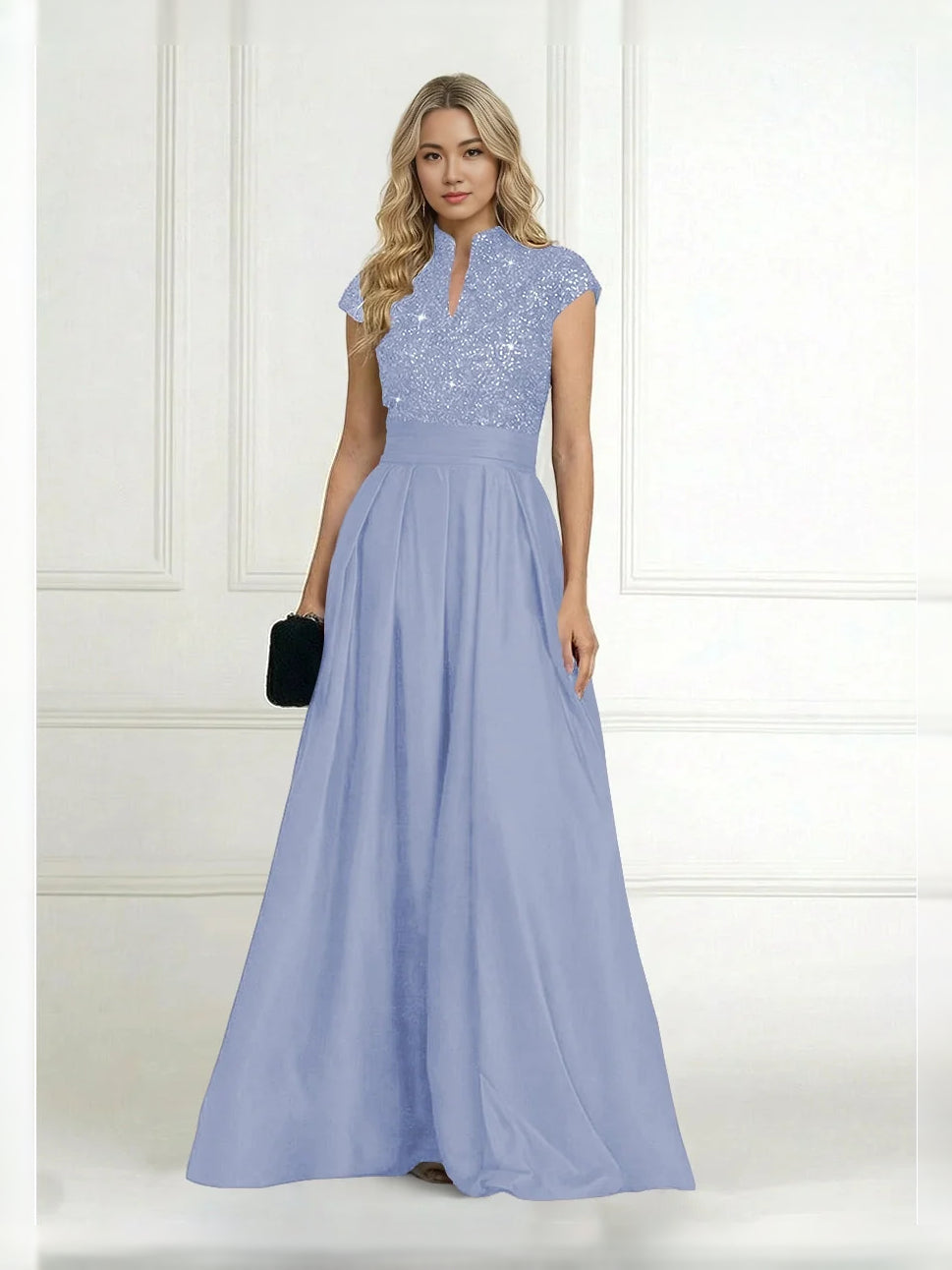 Powder-blue sequin bodice A-line satin dress with high neck and pleated skirt