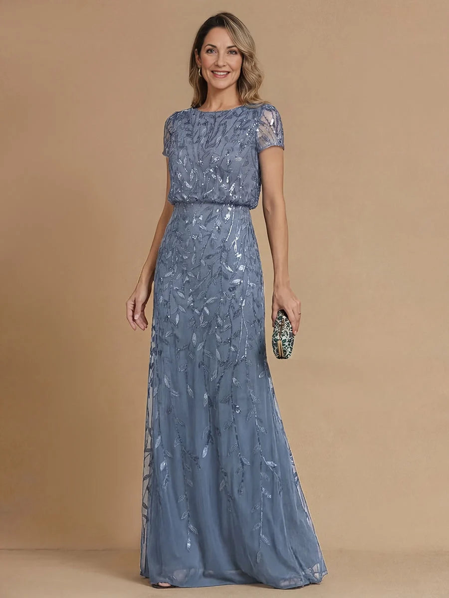 Dusty blue embroidered mermaid mother-of-the-bride dress, cap sleeves, full length front