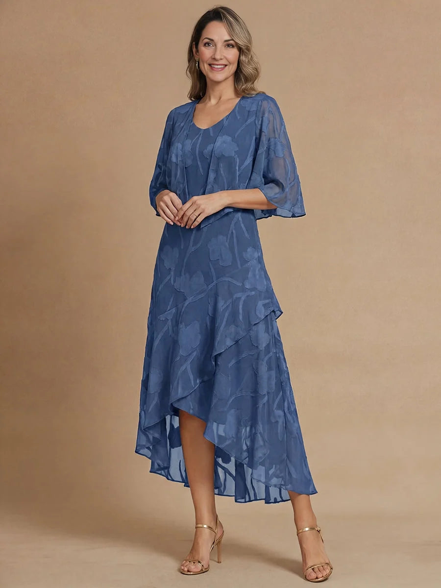 Dusty blue floral chiffon midi dress with scoop neck, flutter sleeves, draped A-line skirt