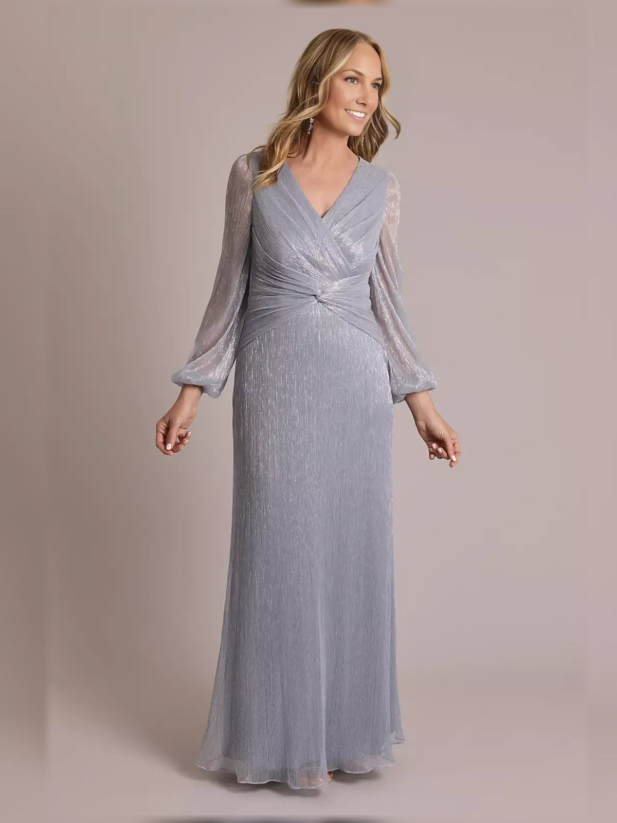 Dusty blue V-neck A-line floor-length wrap dress with textured fabric, front view