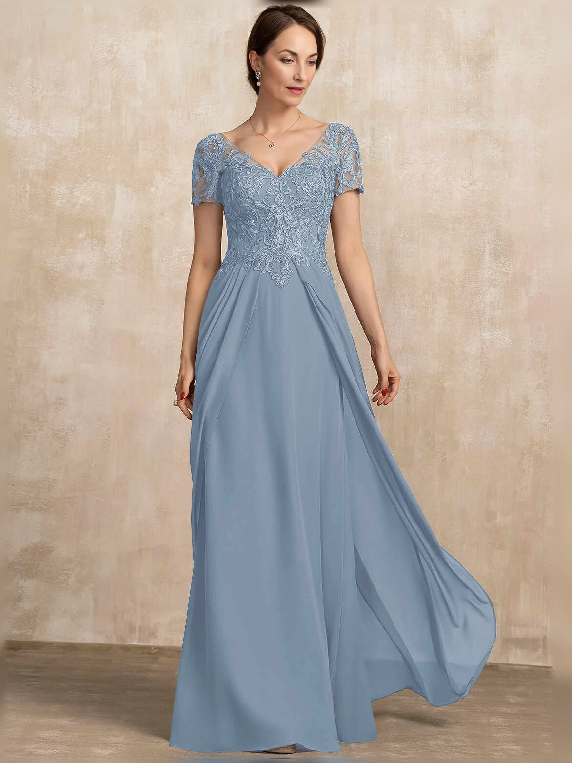 Dusty blue chiffon V-neck A-line dress with pleated bodice and side slit, floor length